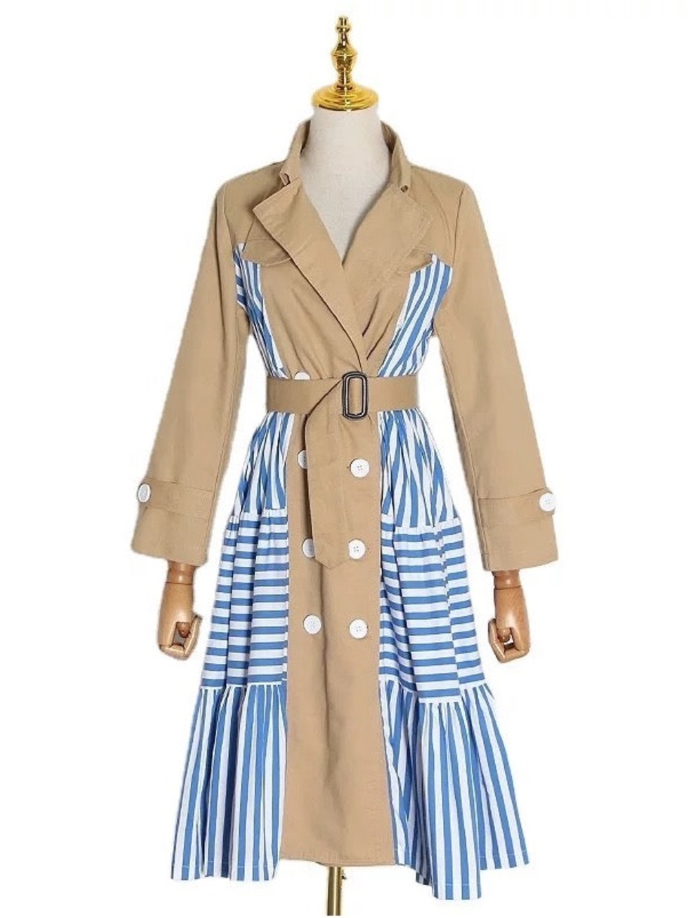 Beige Trench Dress with Blue Striped Panels and Belt